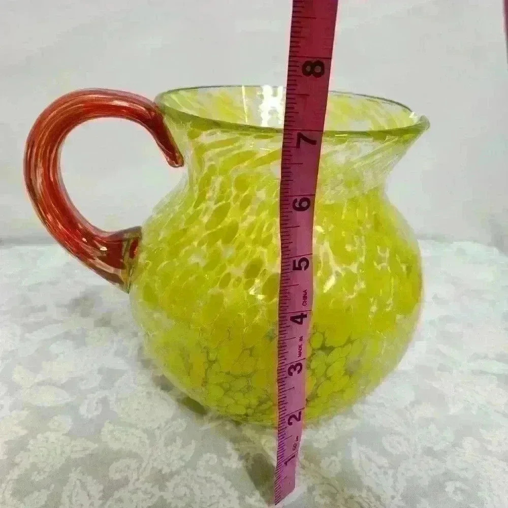 Hand-blown glass water pitcher yellow bubbles red handle. - Picture 10 of 10
